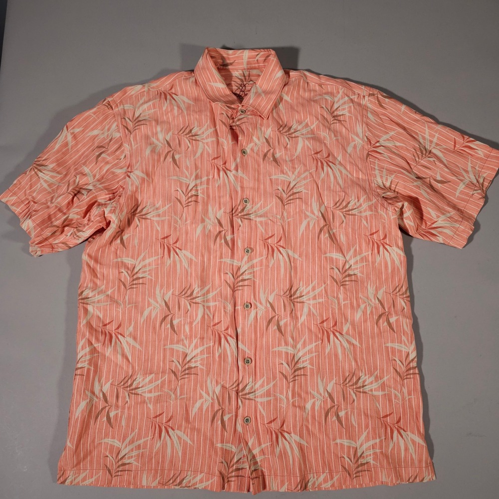 Tommy Bahama Button Up Mens L Orange Tropical Leaf Stripe Tencel Short Sleeve